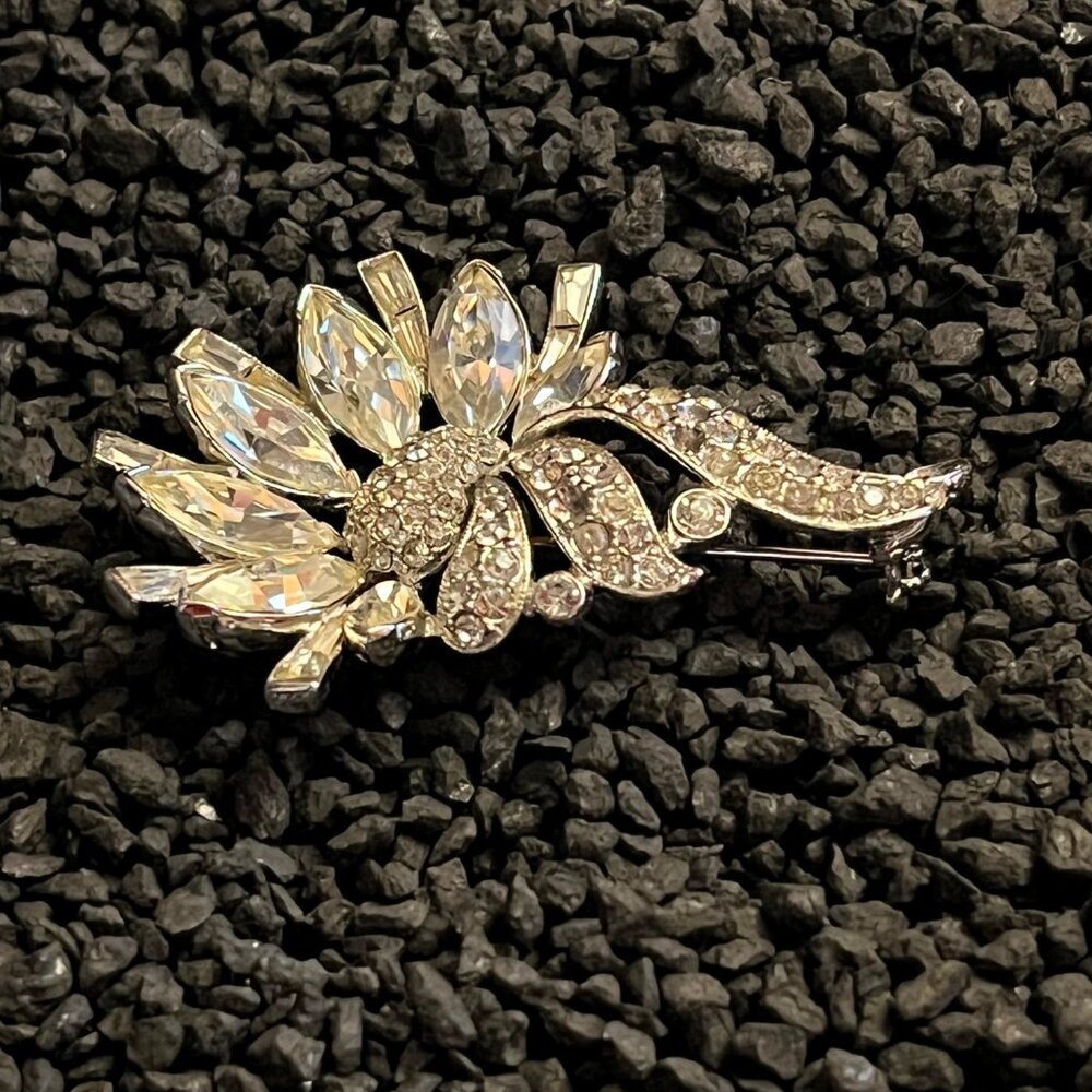 Vintage Bogoff Clear Rhinestone Large Floral Broo… - image 3